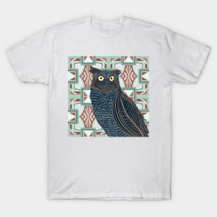 Decorated Great Horned Owl on Modern Pattern T-Shirt